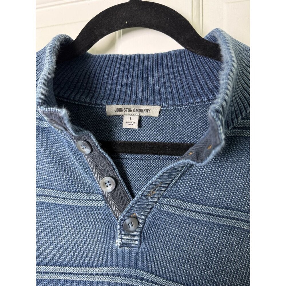 Johnston & Murphy Men’s Faded Blue Indigo Cotton Striped Sweater Size Large - Picture 3 of 10